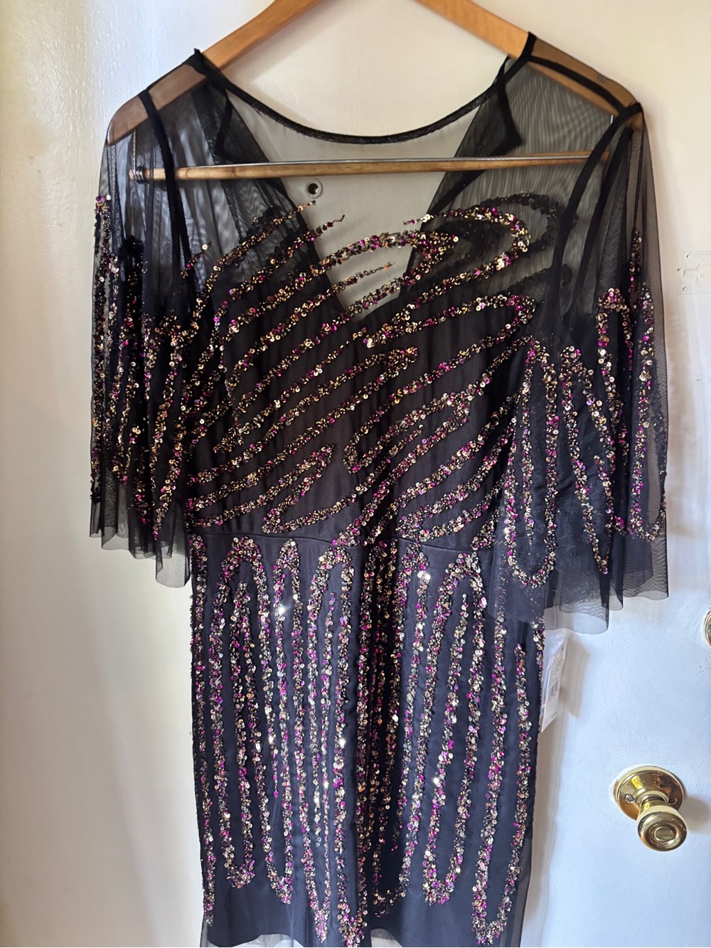 Black Sheer Midi Dress with Pink & Gold Sequin Swirl Accents